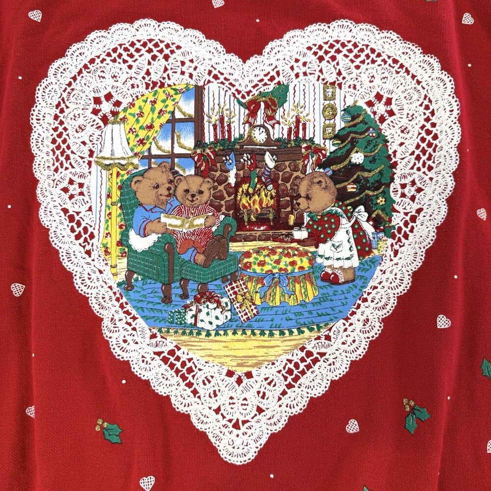 VTG Sweatshirt NutCracker Red Collared Teddy Bear Lace Heart Cottage Grandma M/L - Picture 2 of 7